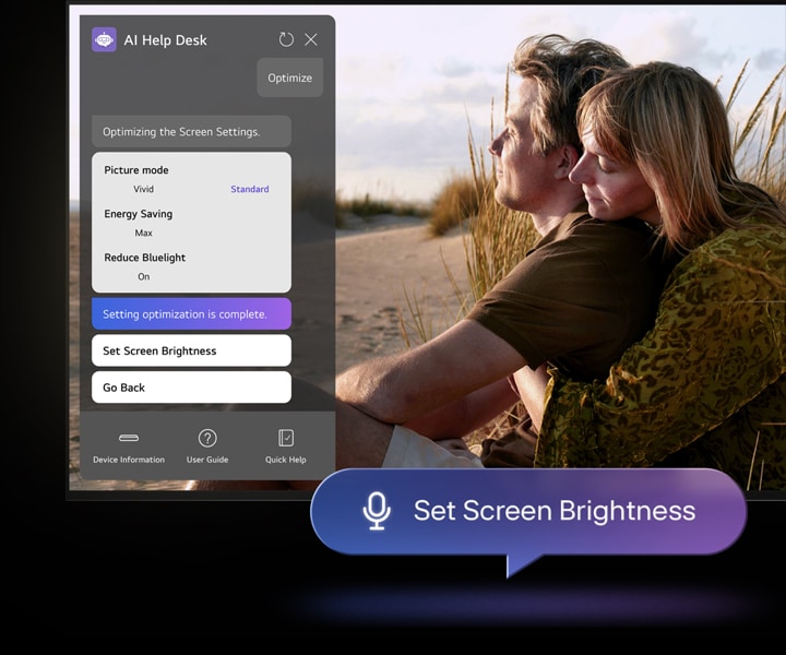 On top of an image of a man and woman on a beach, the AI Help Desk chat window. In front of the display, a speech bubble contains a microphone graphic and the words "Set Screen Brightness."