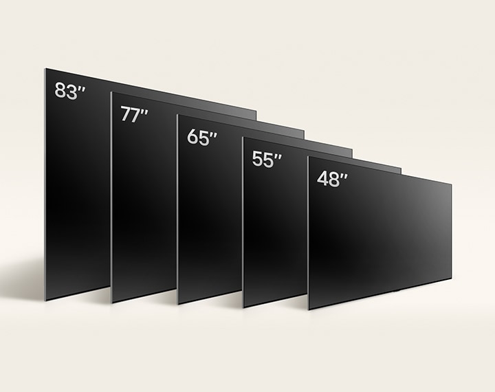 Comparing LG OLED TV, OLED C4's varying sizes, showing OLED 55", OLED C4 65", OLED C4 77", and OLED C4 83".