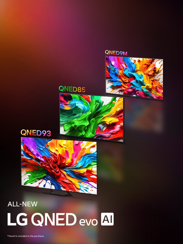 LG TVs with colorful artwork that highlight the new vivid and vibrant color reproduction technology of LG QNED are on their screens. ALL NEW LG QNED evo AI logo is also present.