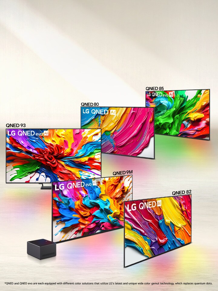 Lineup of five LG QNED evo AI TVs in formation, QNED80, QNED85, QNED93, QNED9M with Zero Connect Box, QNED82 TVs.
