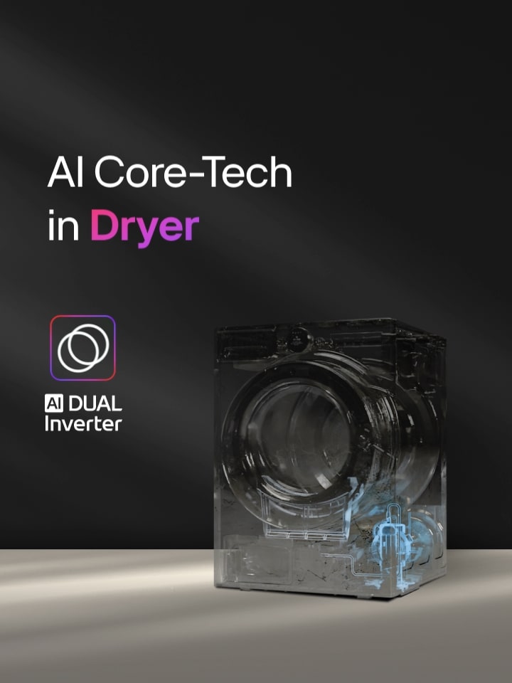 An LG dryer is shown with a transparent view of the AI Dual Inverter component, along with the title "AI Core-Tech in Dryer" and the AI Dual Inverter emblem, featuring a 'D' at the center surrounded by two arrows forming a loop, are displayed against a dark background with a pink and purple border.