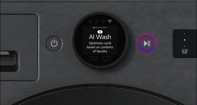 A close-up image of the LG washing machine control panel highlights the operation buttons with a glowing effect.