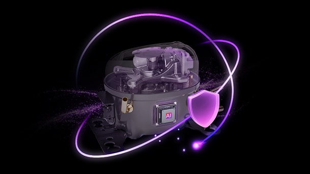 LG AI Inverter Compressor illustration with glowing purple accents and a shield icon representing durability
