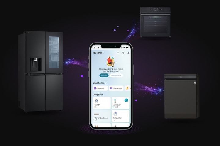 Smartphone displaying LG ThinQ app home screen connected to refrigerator, oven, and dishwasher with glowing purple connection lines