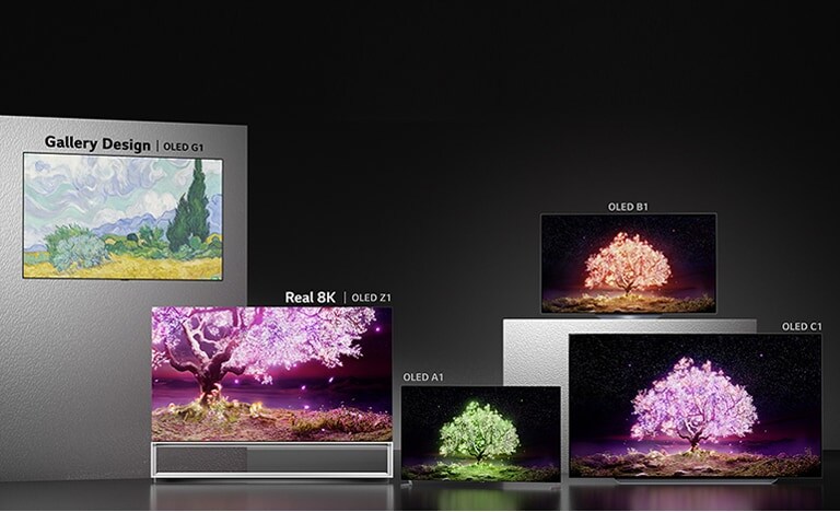 The Gallery Design OLED G1, Real 8K OLED Z1, OLED A1, OLED B1, and OLED C1 TVs arranged in front of a dark backdrop.