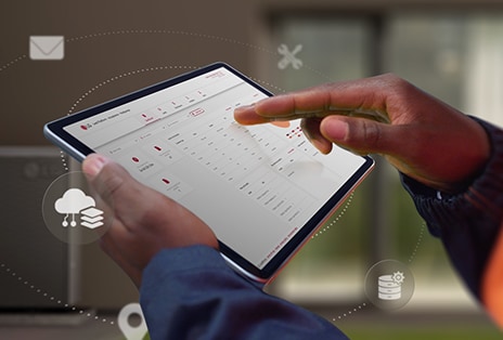 A person touches a tablet screen displaying the LG Lead Portal page. There are icons of email, settings, cloud, and map pointer around the tablet.