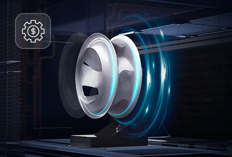 محرك Direct Drive Fan Motor مع تأثيرات ضوئية زرقاء، محاطة بخلفية داكنة. تظهر أيقونة الترس في الزاوية العلوية اليسرى.