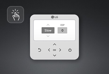 جهاز تحكم عن بُعد من LG مزود بأيقونة "اللمس" وأسهم وأزرار لـ "Slow" و"الضغط الكهرومغناطيسي - ESP". تعرض الشاشة "Slow" و"0".