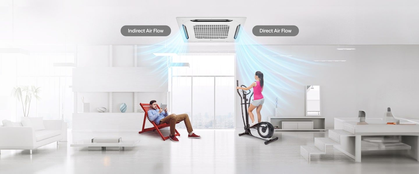 LG ceiling mounted cassette directs airflow to a woman on a bike and a man relaxing, with independent vane control for customized air direction.