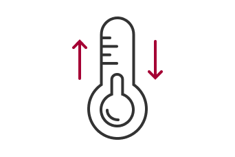 A thermometer symbol icon with red arrows indicating adjustable temperature setting represents the Optimal Temperature Control for LG Ceiling Concealed Duct.