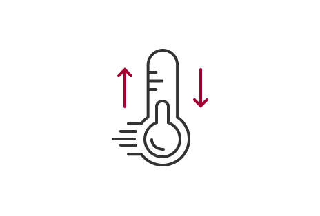 A line-drawn thermometer icon with a red upward arrow on the left and a downward arrow on the right indicates quick temperature control for both heating and cooling. 