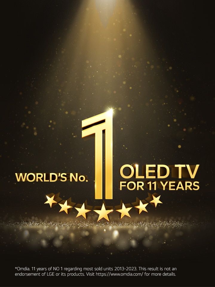 A gold emblem of World's number 1 OLED TV for 11 Years against a black backdrop. A spotlight shines on the emblem, and gold abstract stars fill the space.