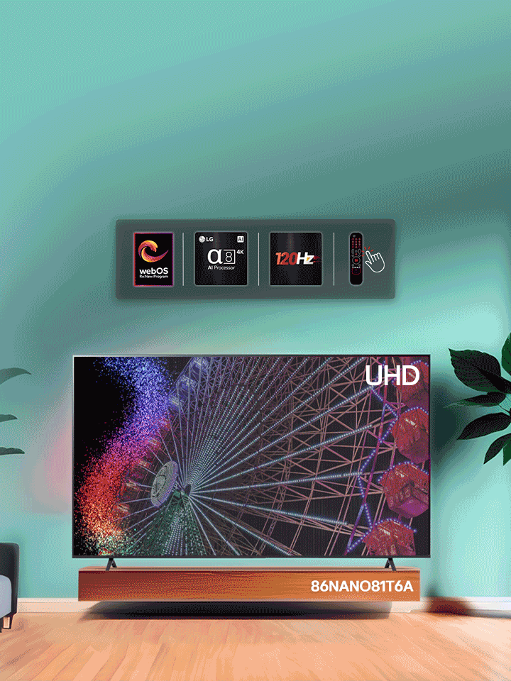 LG NanoCell TV against mint green backdrop with multi-colored swirls artwork on display and picture of alpha 5 AI Processor Gen 7 in bottom right corner. Light radiates, casting colorful shadows below. The "webOS Re:New Program" logo is in the image. A disclaimer reads: "The five-year upgrade threshold for the webOS Re:New Program is the global launch of a new product." "Features are subject to change and some feature, application, and service updates may vary by model."  "Upgrades are available for 2022 release models including all OLED and 8K QNEDs, and models released after 2023 include UHD, NanoCell, QNED and OLED."