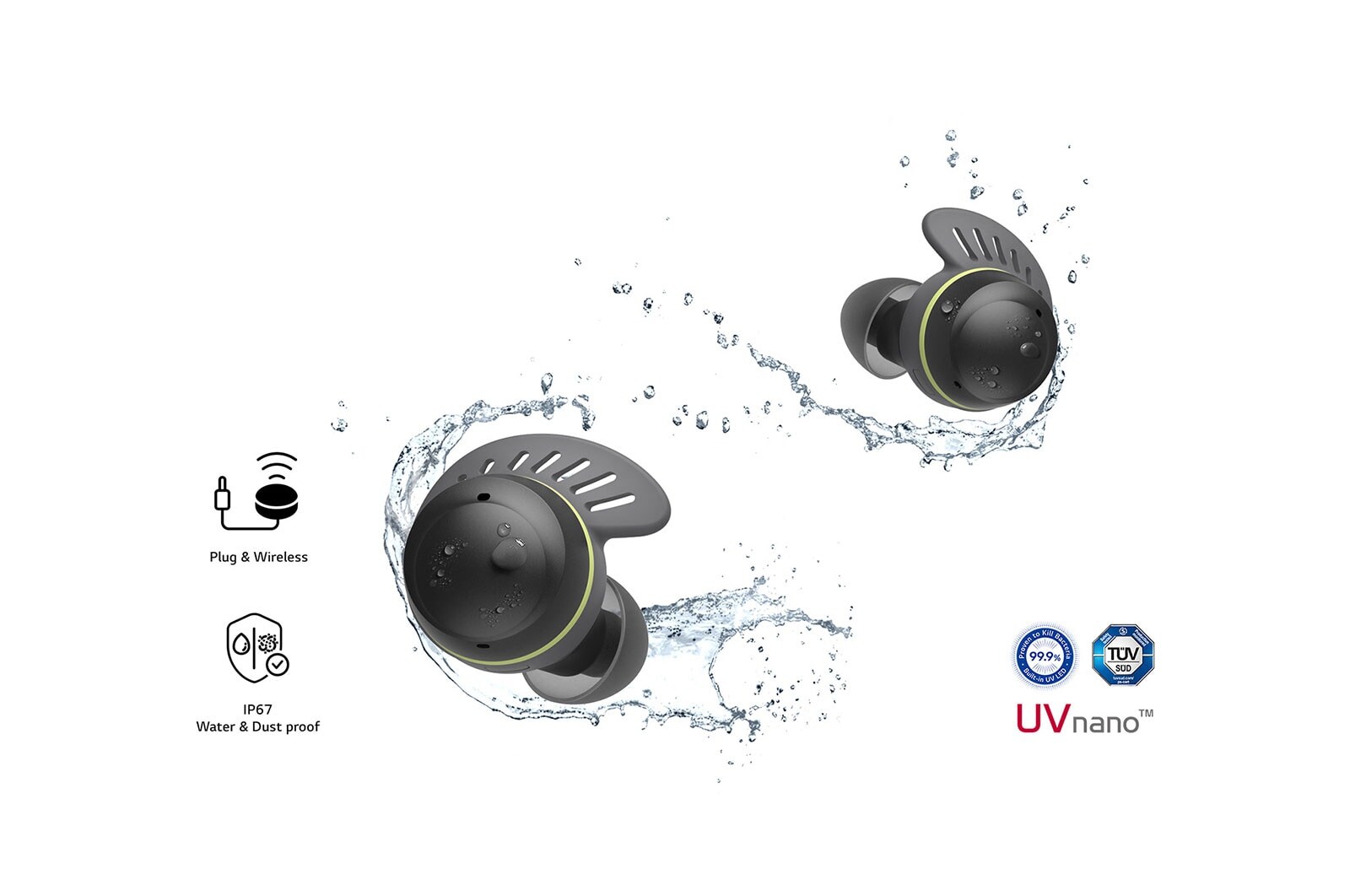 TONE Free fit earbuds being splashed by water and droplets.