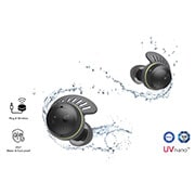 TONE Free fit earbuds being splashed by water and droplets.