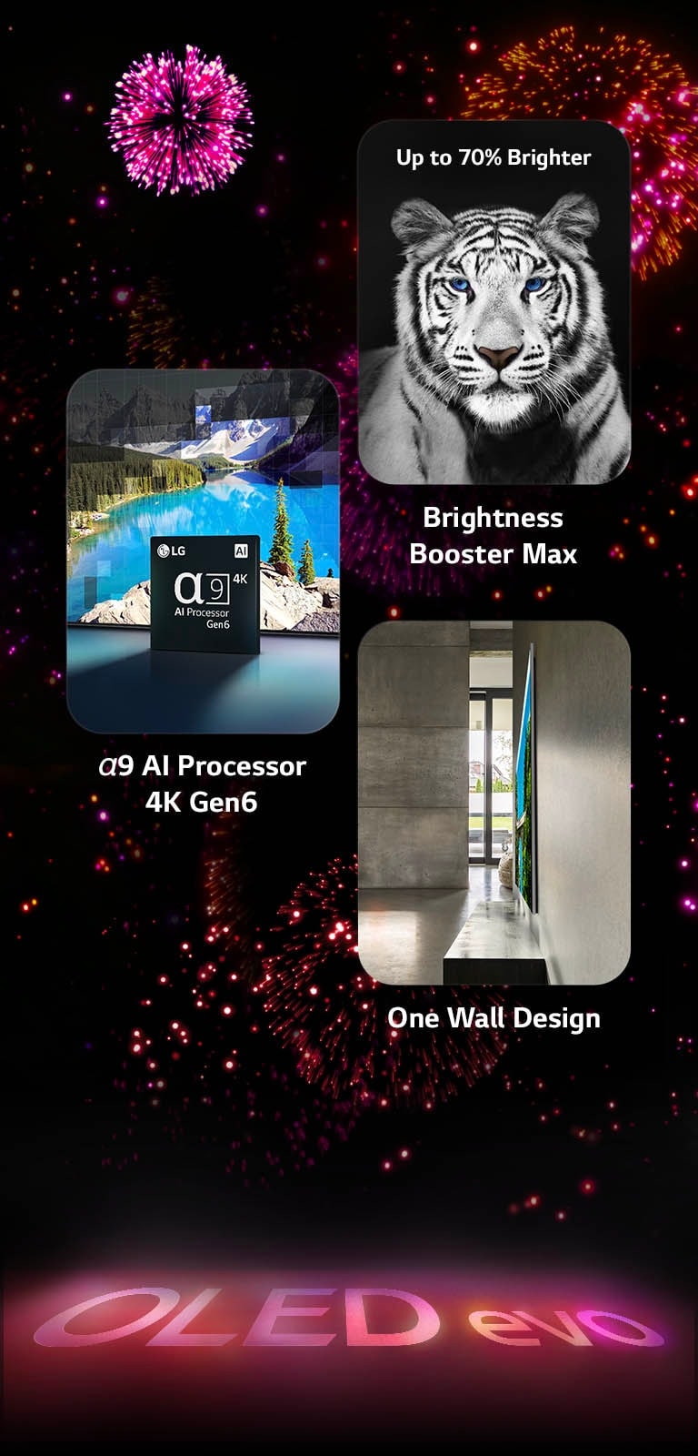 An image presenting the key features of the LG OLED evo G3 against a black background with a pink and purple firework display. The pink reflection from the firework display on the ground shows the words "OLED evo." Within the picture, an image depicting the α9 AI Processor 4K Gen6 shows the chip standing before a picture of a lake scene being remastered with the processing technology. An image presenting Brightness Booster Max shows a tiger with deep contrast and bright whites. An image presenting the 5-Year Panel Warranty shows the Premium OLED G3 warranty logo with the display in the backdrop. An image presenting One Wall Design shows LG OLED evo G3 flush against the wall in a grey industrial living space.