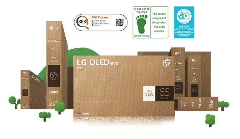 Eco-friendly LG OLED cardboard packaging depicted around thriving trees and mountains.