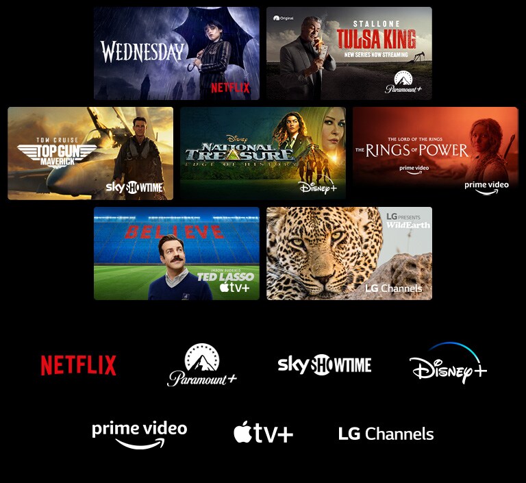 A poster of Wednesday from Netflix, Tulsa King from Paramount+, Top Gun: Maverick from SkyShowtime, National Treasure from Disney+, The Rings of Power from Prime Video, Ted Lasso from Apple TV Plus, and a still from LG Channels with a leopard in the wild.