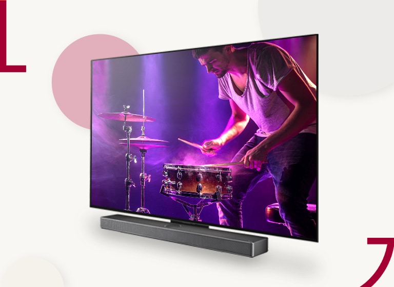 An image of LG OLED C3 and the Soundbar against  a cream backdrop with colored circles. A man playing the drums is on screen.