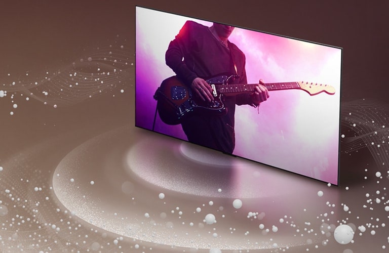 LG OLED TV as sound bubbles and waves emit from the screen and fill the space.