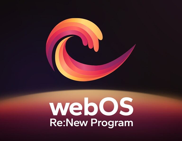 webOS Re:New Program logo is against a black background with a yellow and orange, purple circular sphere at the bottom. 