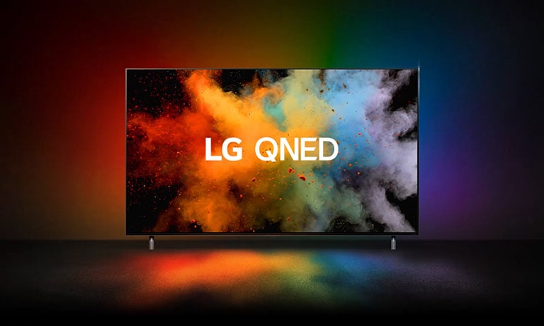 Typo-motion of QNED and NanoCell overlap and explode into color powder. LG QNED miniLED logo appears on TV.