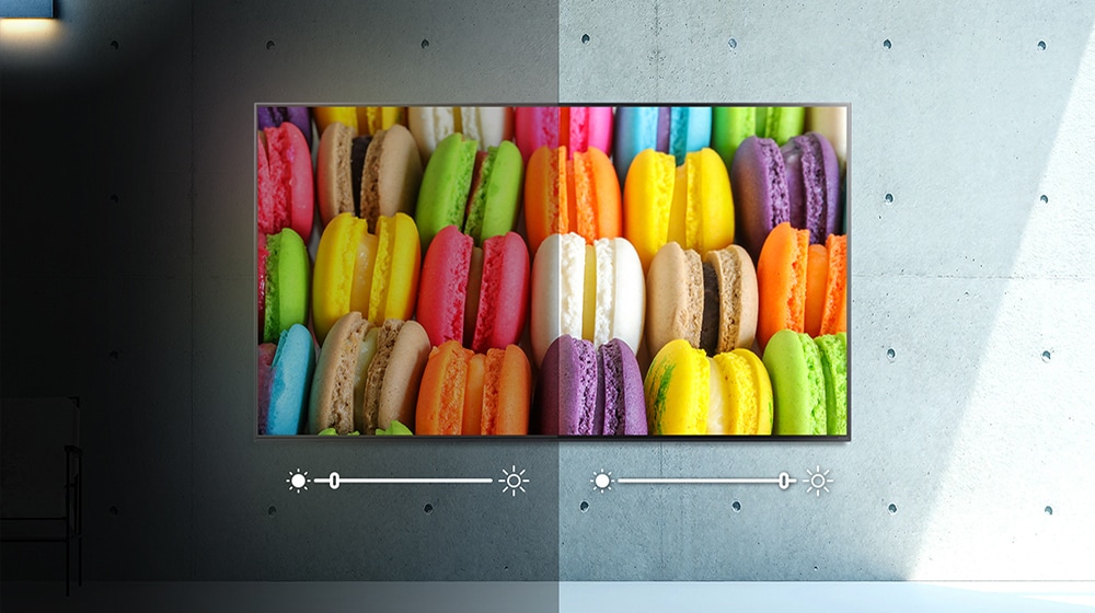 A television screen image showing the automatic adjustment of screen's brightness based on the surrounding lighting using AI Brightness Control.