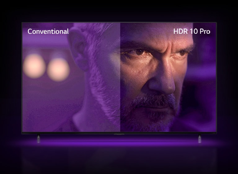 A man is staring outside, looking mad. The image is divided into two part. On left half of image appears to be dull and less vibrant color, while on the right half of image looks more vibrant with more colors. On left top corner says ‘conventional’, on right top corner says ‘HDR 10 PRO’. 