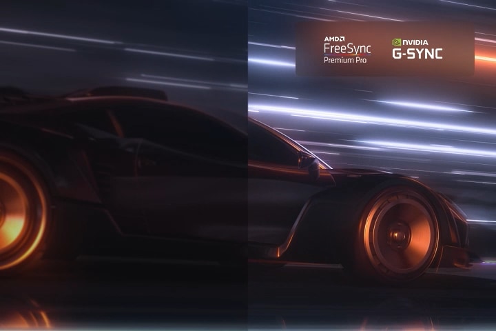 A blurry scene of a car driving fast in a racing game. The scene is refined, resulting in smooth and clear action. FreeSync Premium Pro logo and NVIDIA G-SYNC logo in the top right corner.	