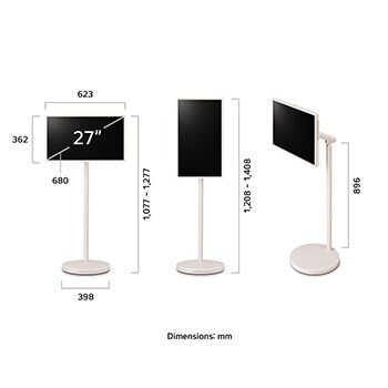 Length, width, height, and depth dimensions of the LG StanbyME 2 and the stand.