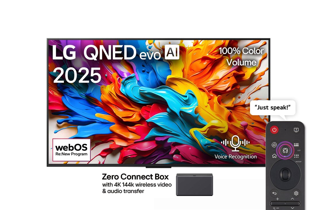 Front view of LG QNED evo AI QNED9M TV. LG QNED evo AI Logo on the. op corner. LG QNED evo TV depicts colorful paintike textures coming together. Zero Connect Box in the corner with the title, Zero Connect Box with 4K 144Hz wireless video & audio transfer.
