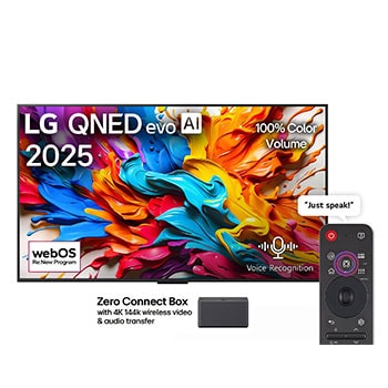Front view of LG QNED evo AI QNED9M TV. LG QNED evo AI Logo on the. op corner. LG QNED evo TV depicts colorful paintike textures coming together. Zero Connect Box in the corner with the title, Zero Connect Box with 4K 144Hz wireless video & audio transfer.