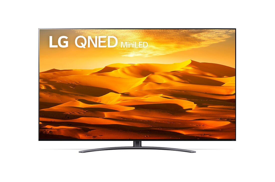 A front view of the LG QNED TV with infill image and product logo on