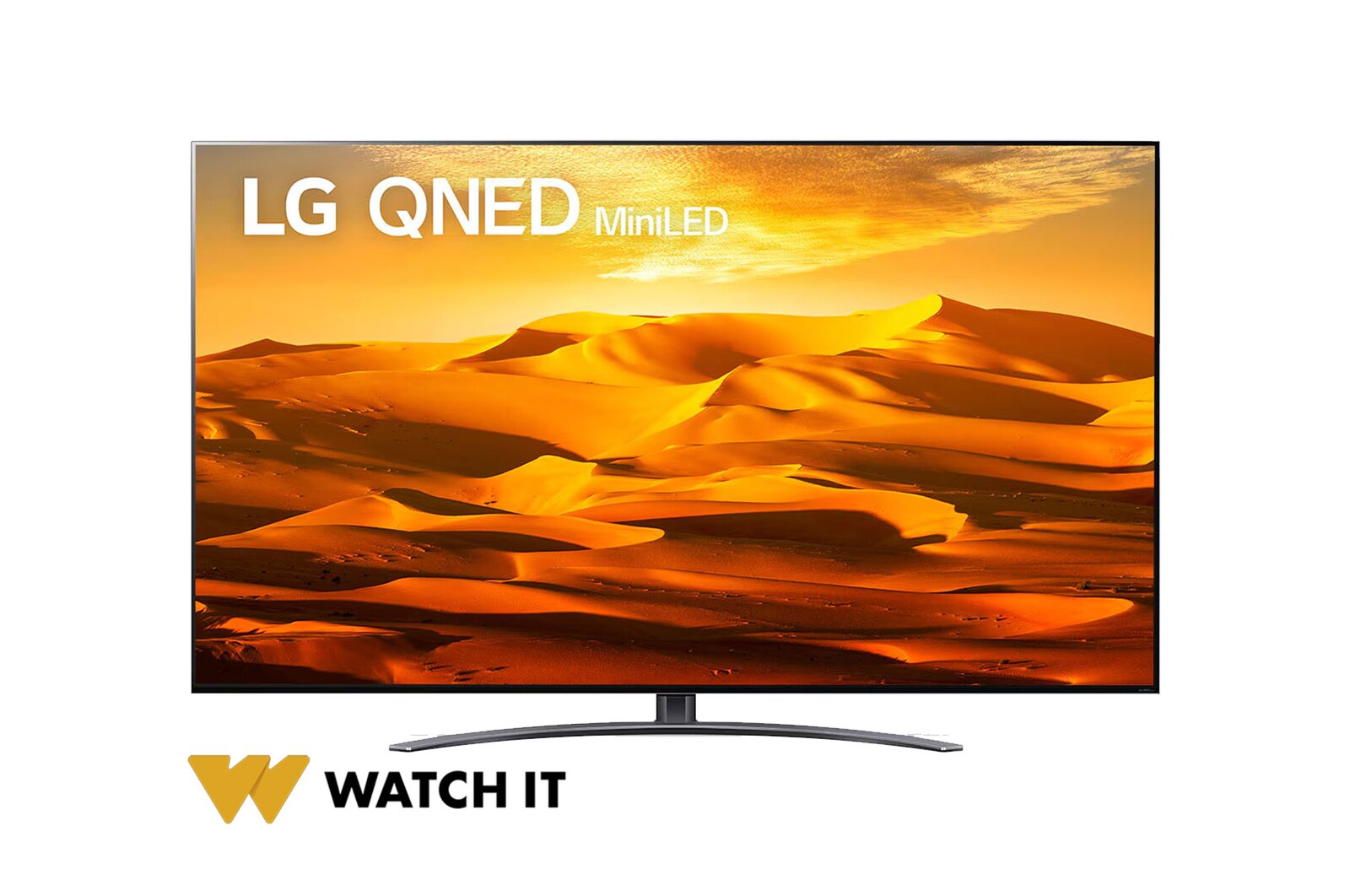 A front view of the LG QNED TV with infill image and product logo on