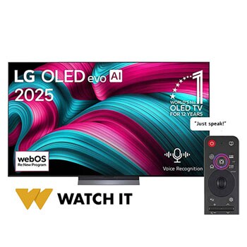 Front view of LG OLED evo AI C5 4K Smart TV. 12 Years of world number 1 OLED emblem and LG OLED evo AI 2025 logo are on the screen.