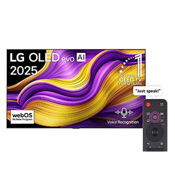 Front view of LG OLED evo AI G5 4K Smart TV. 12 Years of world number 1 OLED emblem and LG OLED evo AI 2025 logo are on the screen.