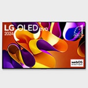 Front view with LG OLED evo TV, OLED G4, 11 Years of world number 1 OLED Emblem, and 5-Year Panel Warranty logo on screen