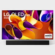 Front view with LG OLED evo TV, OLED G4, 11 Years of world number 1 OLED Emblem, and 5-Year Panel Warranty logo on screen, as well as the Soundbar below