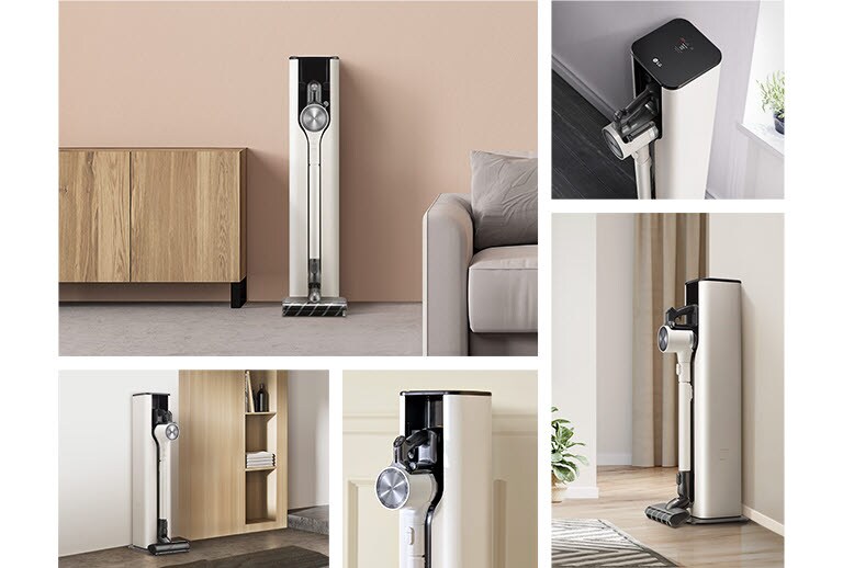 It shows the vacuum cleaners from various angles placed in a space in a modern interior.