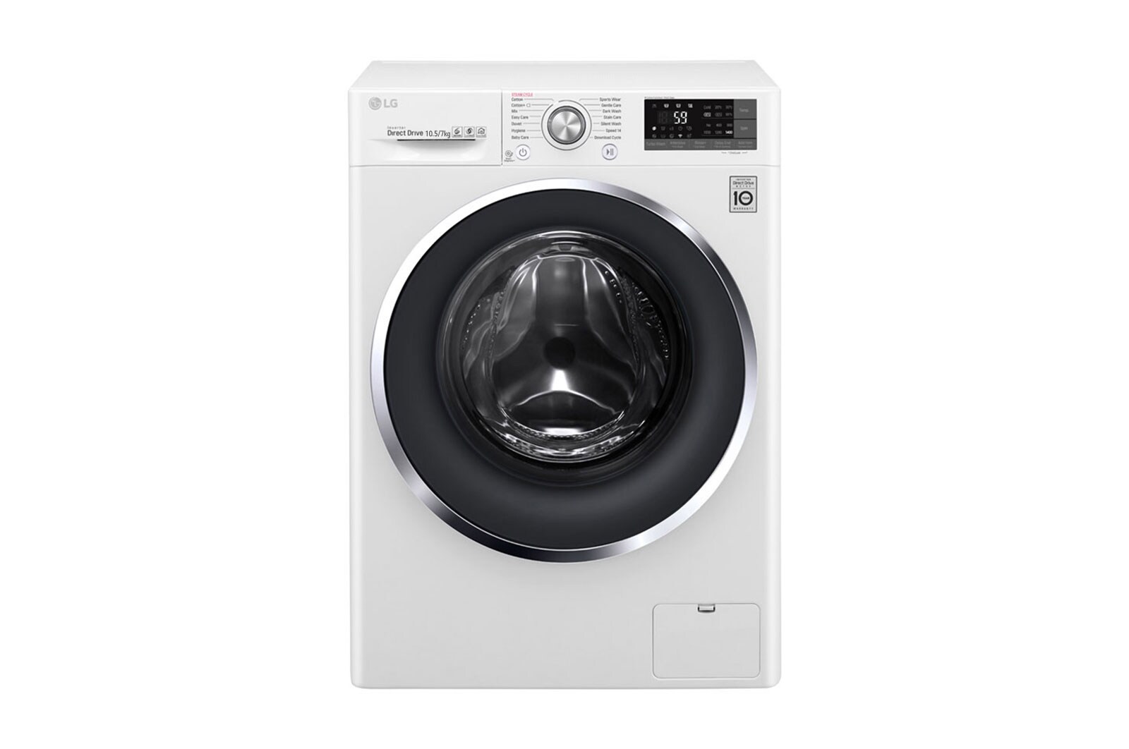 Front view of 10.5kg washer with 7kg Dryer Front load washing machine, White Color, Turbo Dry WSC1107WHN