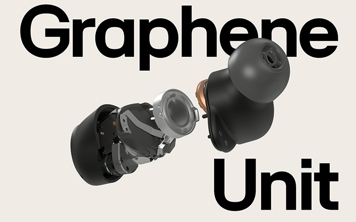 A gif of an exploded perspective view of the T90S. The word "Graphene Unit" is shown behind the earpiece.