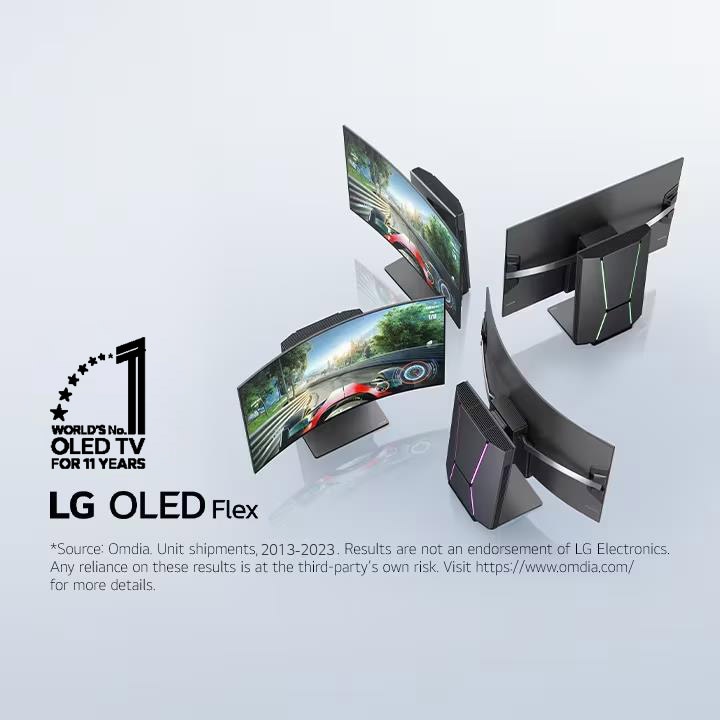 Four LG OLED Flex TVs next to each other at a 45-degree angle. Each has a different level of curvature. Two TVs are seen from the front with a racing game on-screen, and two are seen from behind showing off the Fusion Lighting.	