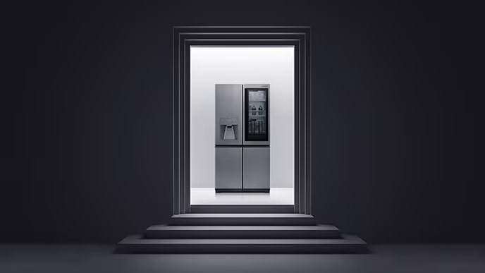 LG SIGNATURE Refrigerator is laid on the space where the black and white stair and the wall structure is installed.