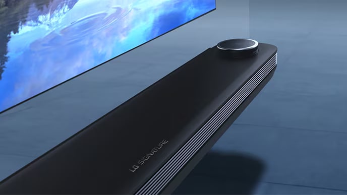 Close shot of LG SIGNATURE OLED TV W soundbar.