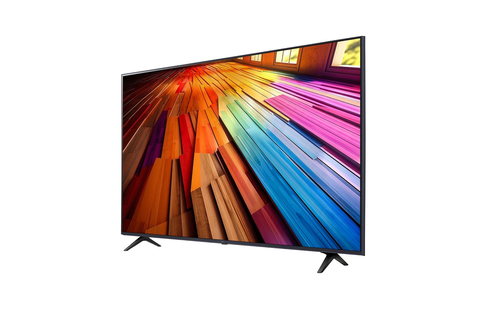 Slightly-angled left-facing side view of LG UHD TV, UT80