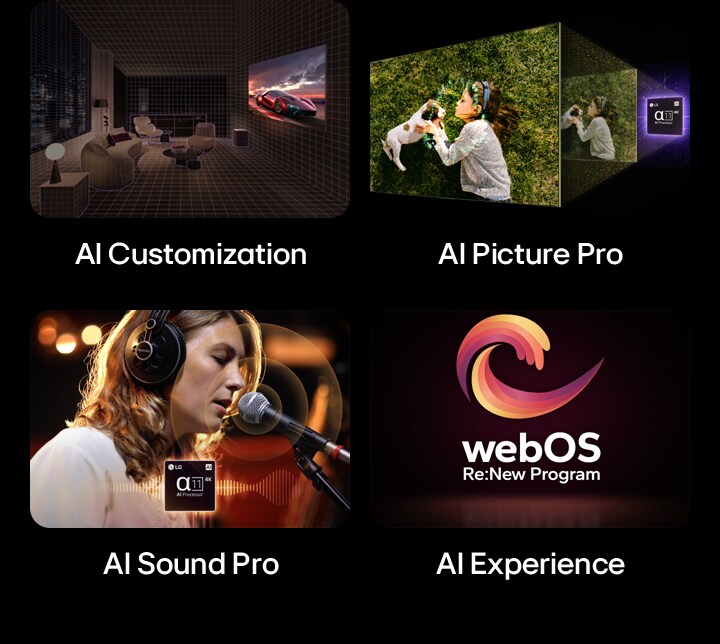 Fyra bilder visas sida vid sida. Först en väggmonterad LG AI TV i ett mörkt och mysigt vardagsrum. Därefter en vinklad vy av en LG AI TV, med en färgglad grafik och en LG alpha 11 AI-processor 4K-grafik bakom den. Den tredje bilden visar en kvinna som sjunger i en mikrofon och LG alpha 11 AI-processor 4K i mitten. Den fjärde bilden visar webOS Re:New Program-logotypen som svävar mot en svart bakgrund.