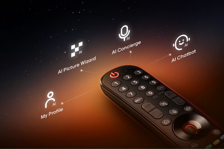 En LG Magic Remote mot en svart bakgrund och ett mjukt orange ljus sticker ut framifrån. Fyra märkta ikoner dyker upp runt Magic Remote anslutna med tunna prickade linjer: Min profil, AI Picture Wizard, AI Concierge, och AI-chattbot.