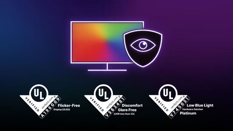 Ögonkomfort med LG OLED:s UL-certifieringslogotyper - UL VERIFIED Flicker-Free Display (OLED), UL VERIFIED Discomfort Glare Free, UL VERIFIED Low Blue Light Hardware Solution Platinum.