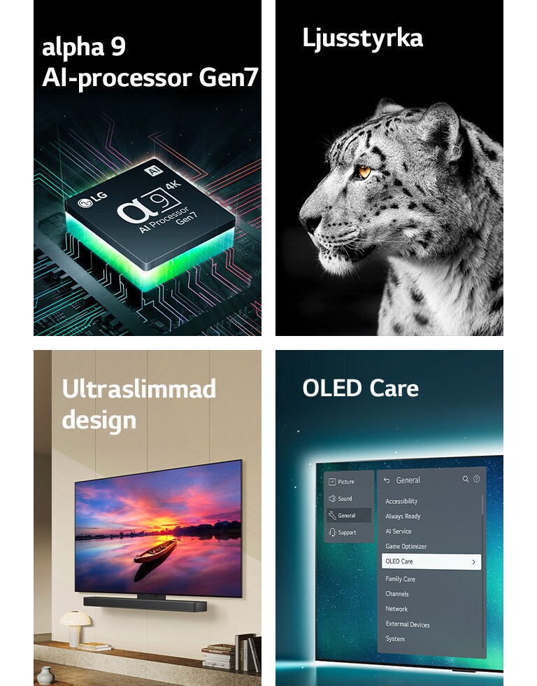 LG:s alpha 9 AI-processor Gen7 ovanpå ett moderkort som avger gröna ljusbultar.  Brightness Booster med en bild av en vit leopard på sidan.  Ultratunna och LG Soundbar-redo när de placeras platt mot väggen i ett modernt vardagsrum.  OLED TV med OLED Care-menyn väljs i supportmenyn uppe på skärmen.