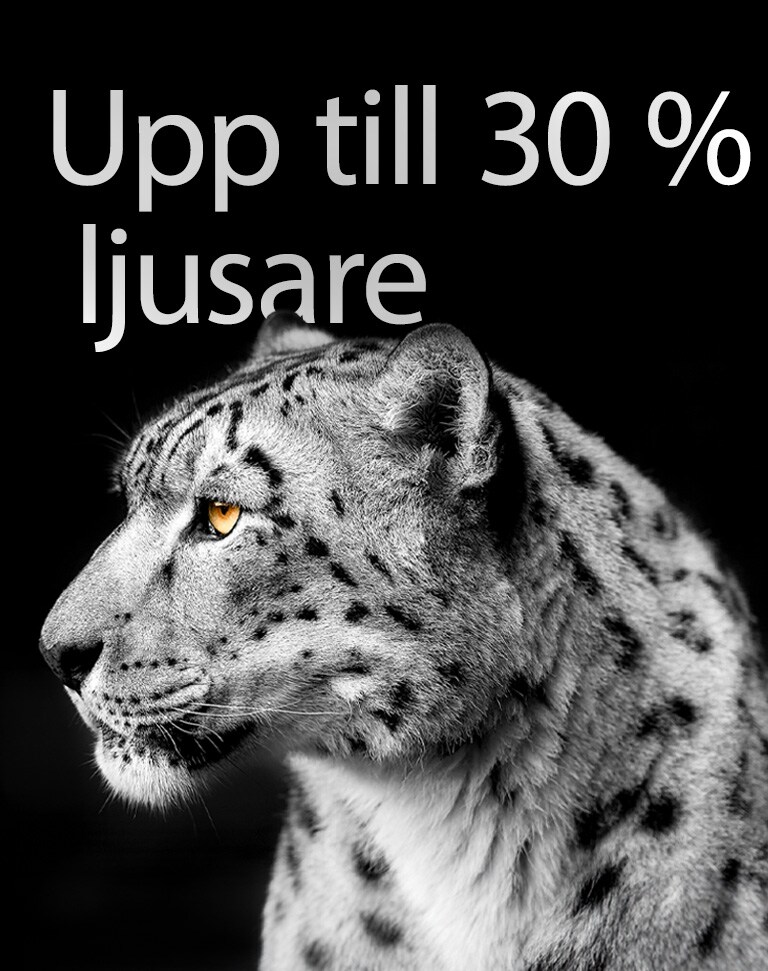 En vit leopard som visar sitt sidoansikte på vänster sida av bilden. Texten ”Upp till 30 % ljusare” visas till vänster.